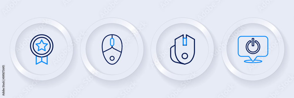 Set line Power button, Computer mouse, and Game rating with medal icon. Vector Set line Power button, Computer mouse, and Game rating with medal icon. Vector