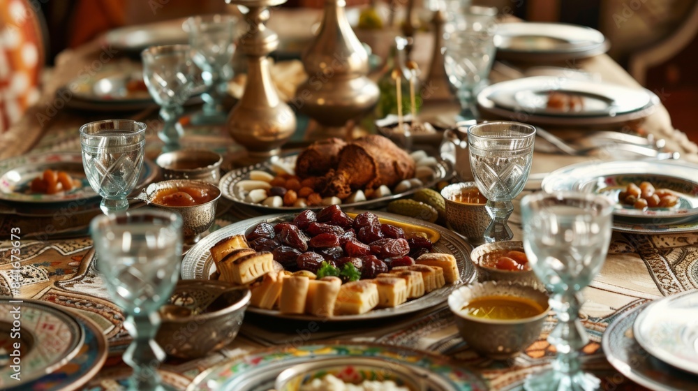 An elaborate iftar table set with dates, water, and traditional dishes, ready for the fast-breaking meal