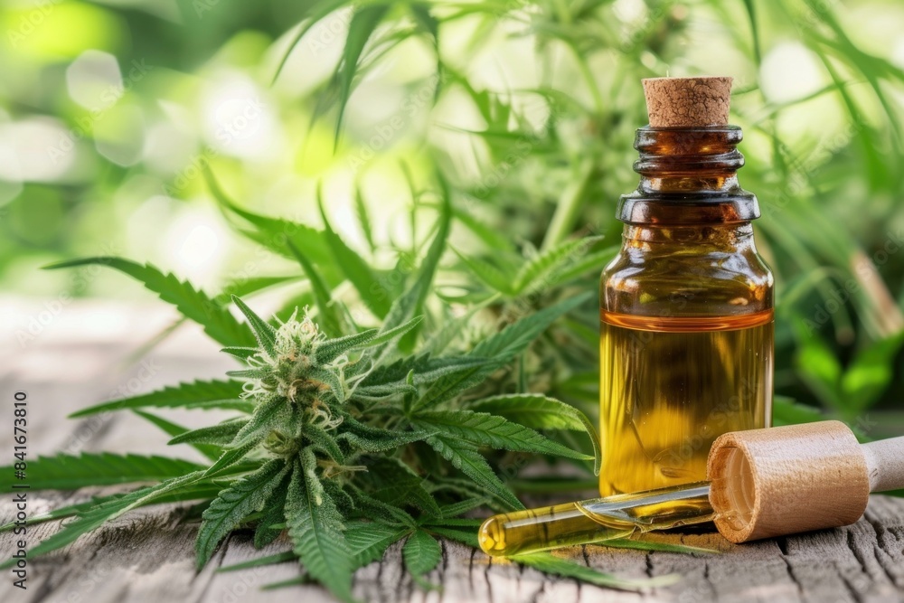 Glass bottle of cbd oil next to a hemp plant with a dropper on rustic wood Glass bottle of cbd oil next to a hemp plant with a dropper on rustic wood