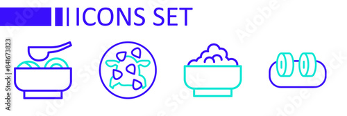 Set line Sushi, Rice in a bowl, Kung Pao chicken and Ramen soup icon. Vector