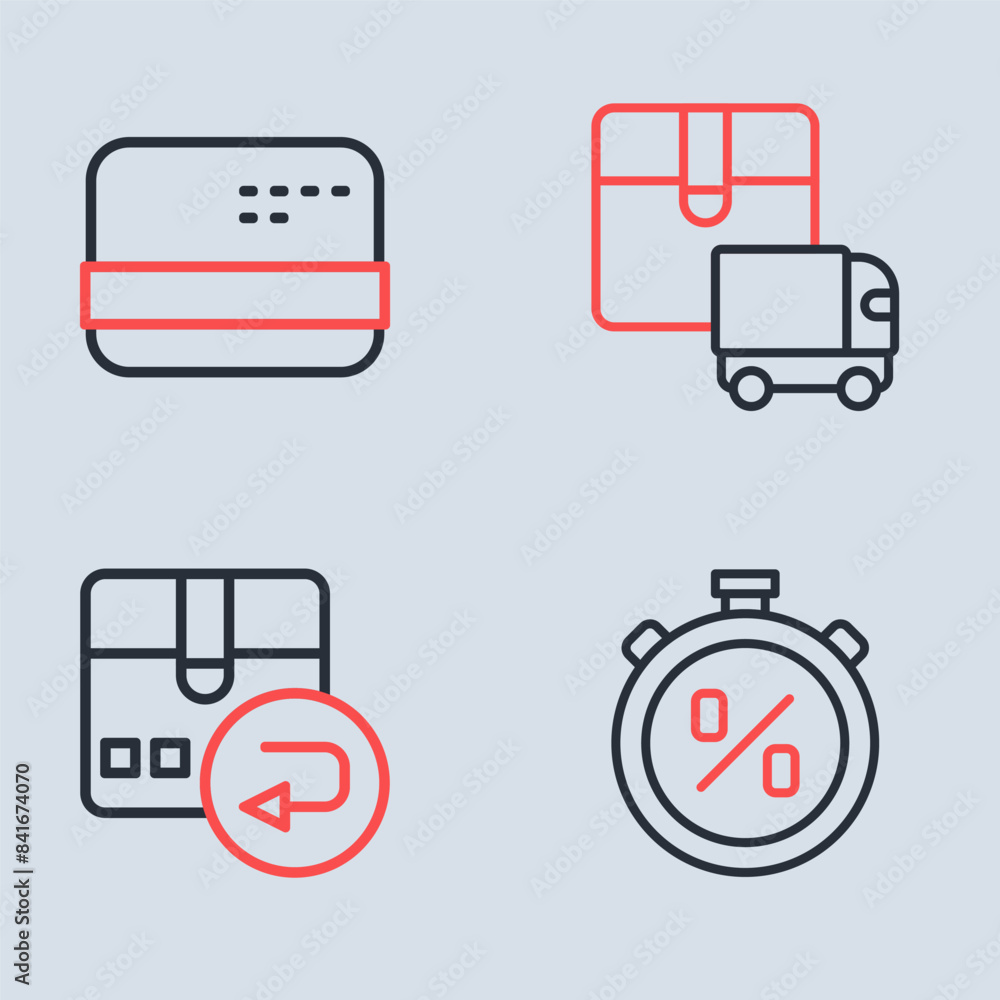 Set line Delivery cargo truck, Return cardboard box, Stopwatch percent discount and Credit icon. Vector Set line Delivery cargo truck, Return cardboard box, Stopwatch percent discount and Credit icon. Vector