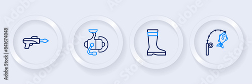 Set line Fishing rod and fish, boots, Spinning reel for fishing and hook icon. Vector