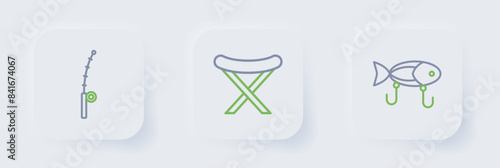 Set line Fishing lure, harpoon and rod icon. Vector