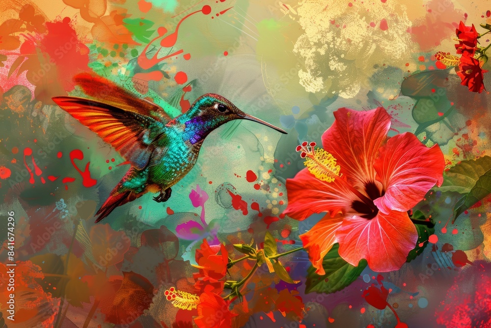 Vibrant Hummingbird Hovering Near Red Hibiscus Flowers in Dynamic, Colorful Nature Scene Vibrant Hummingbird Hovering Near Red Hibiscus Flowers in Dynamic, Colorful Nature Scene