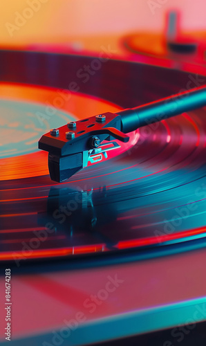 old-fashioned turntable vinyl record player with disc and needle, vintage retro music and audio equipment concept, 60s and 70s  photo