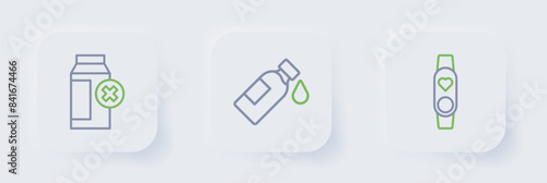 Set line Smart watch with heart, Bottle of water and Lactose intolerance icon. Vector