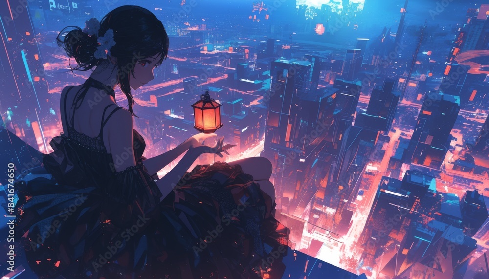 Fototapeta premium Elegant anime girl with a lantern on a skyscraper rooftop, stock market trends, isolated background, highquality financial and cultural imagery