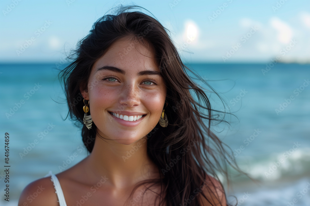 Beautiful woman smiling on beach with wind blowing her hair Beautiful woman smiling on beach with wind blowing her hair
