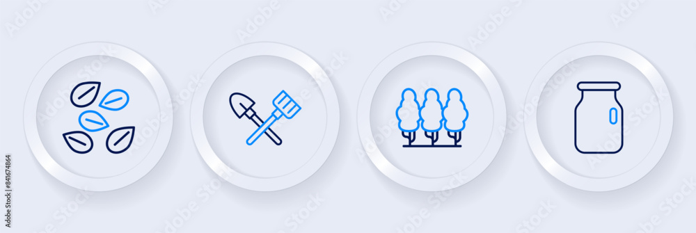 Set line Glass jar with screw-cap, Fruit trees, Shovel and rake and Seeds of specific plant icon. Vector Set line Glass jar with screw-cap, Fruit trees, Shovel and rake and Seeds of specific plant icon. Vector