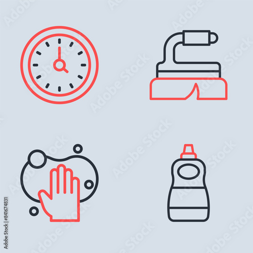 Set line Brush for cleaning, Sponge, Dishwashing liquid bottle and Clock icon. Vector