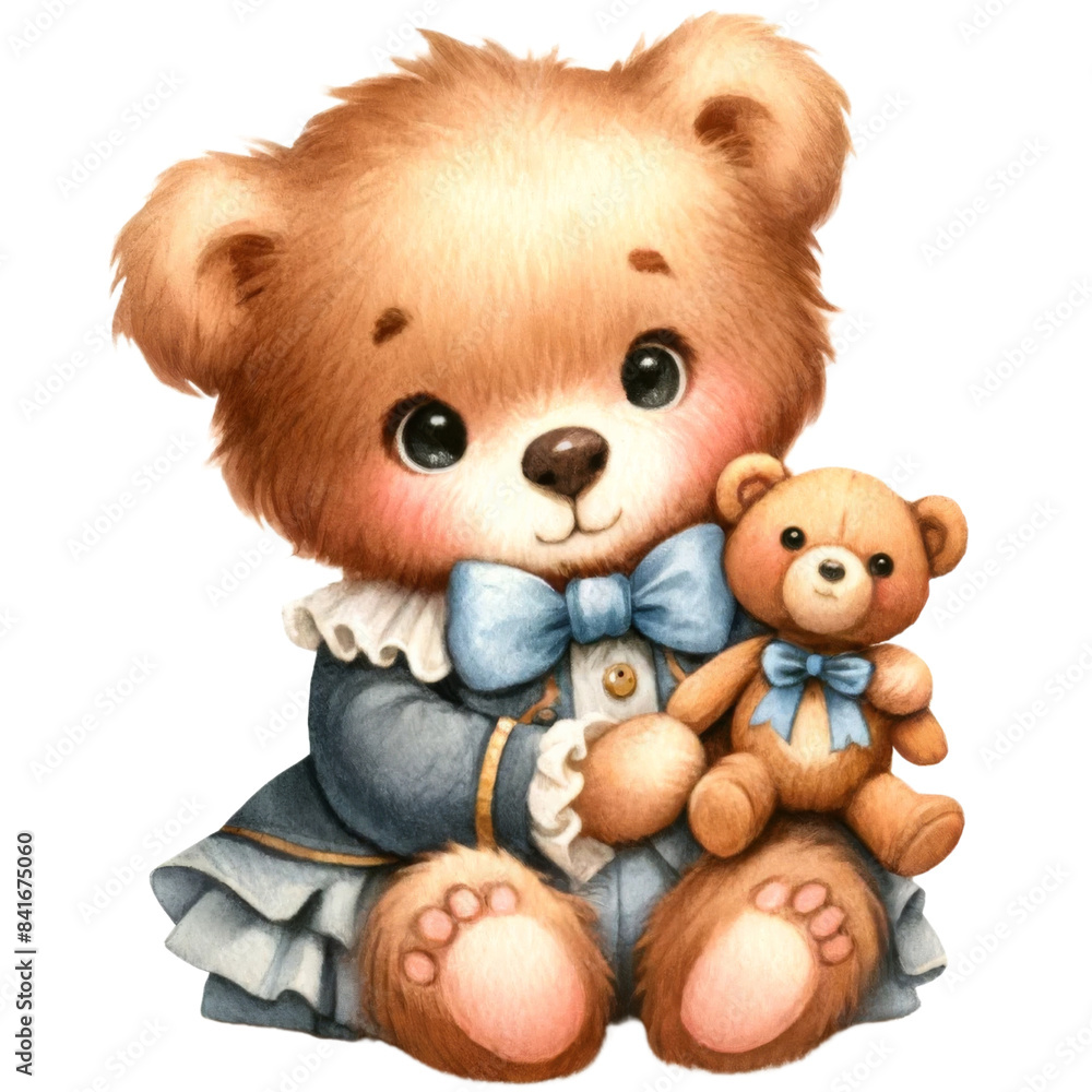 Fototapeta premium Watercolor illustration of a little bear in a fancy outfit, sitting and hugging a teddy bear, PNG on transparent background.