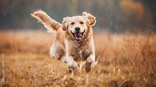 Golden Retriever Joyfully Running in an Autumn Field