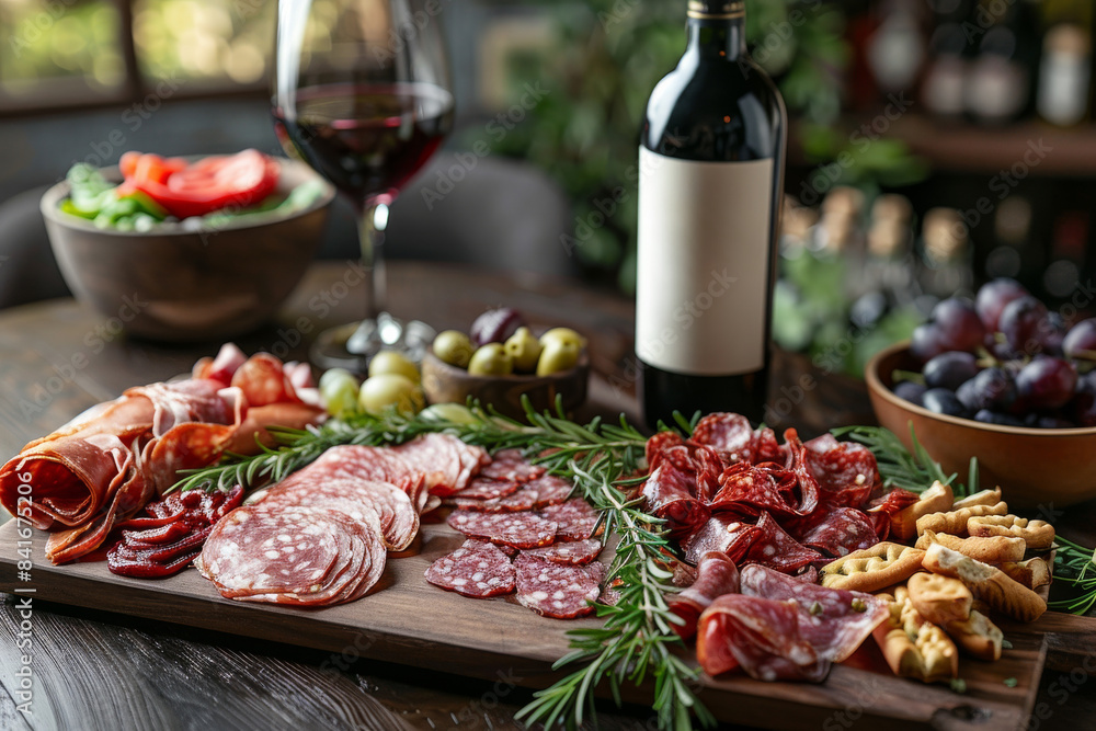 A table with a variety of meats and cheeses, a bottle of wine A table with a variety of meats and cheeses, a bottle of wine