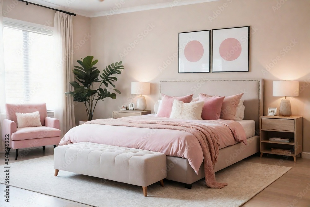 A family-friendly bedroom featuring a beige bed with storage underneath, a soft beige rug, pillows, and painting in a minimal style with pink color tone. A family-friendly bedroom featuring a beige bed with storage underneath, a soft beige rug, pillows, and painting in a minimal style with pink color tone.