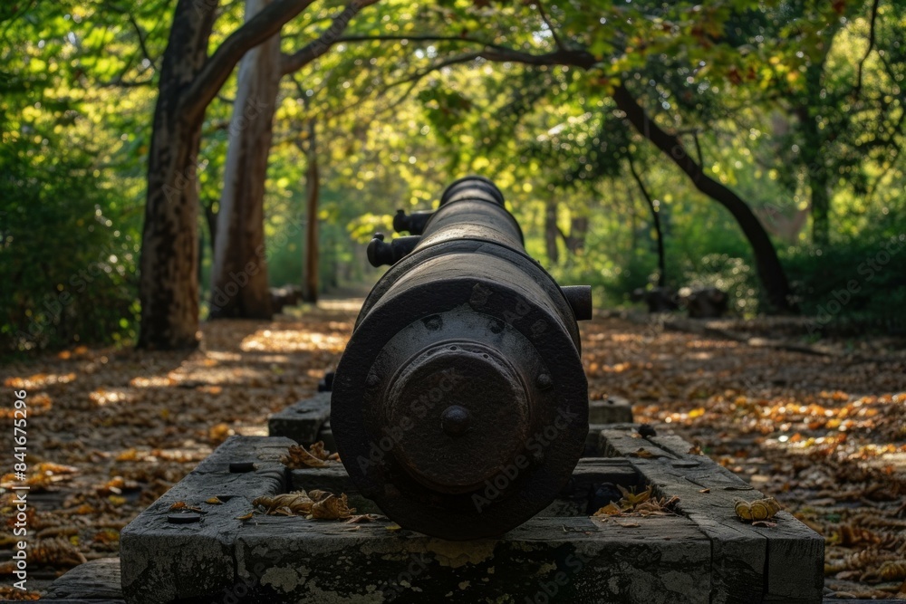 custom made wallpaper toronto digitalVintage cannon in a wooded area, with sunlight filtering through trees