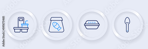 Set line Spoon, Lunch box, Online ordering fish and Coffee cup to go icon. Vector