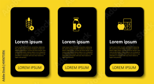 Set Calorie calculator, Lactose intolerance and Gluten free grain. Business infographic template. Vector