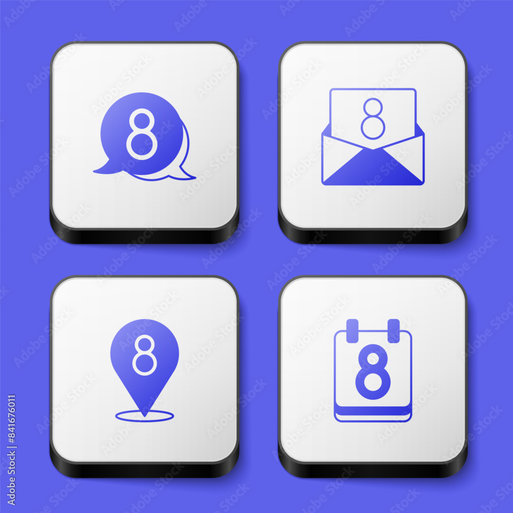 Set 8 March in speech bubble, Envelope with, and Calendar icon. White square button. Vector Set 8 March in speech bubble, Envelope with, and Calendar icon. White square button. Vector