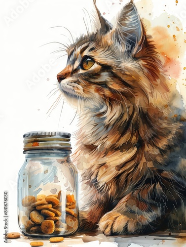 A beautiful watercolor illustration of a fluffy cat sitting next to a jar of treats, gazing thoughtfully into the distance. photo