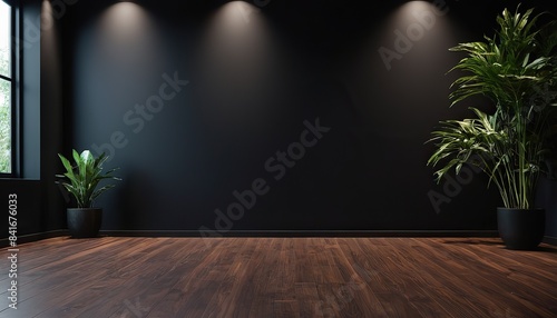 a dark room with plants and a black background