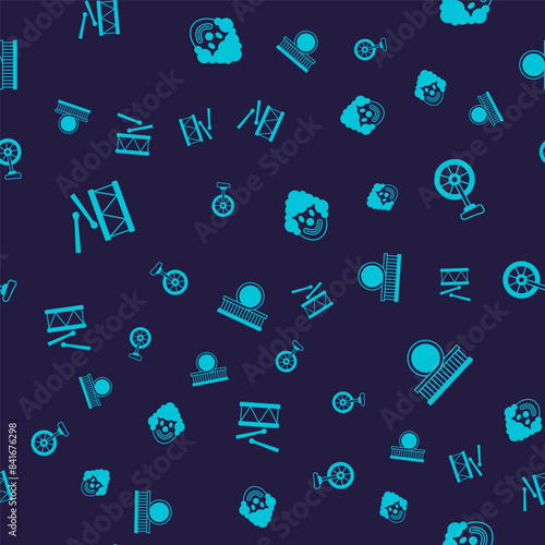 Set Drum with drum sticks, Unicycle, Clown head and Roller coaster on seamless pattern. Vector