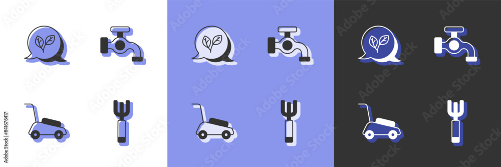 Set Garden pitchfork, Leaf, Lawn mower and Water tap icon. Vector Set Garden pitchfork, Leaf, Lawn mower and Water tap icon. Vector
