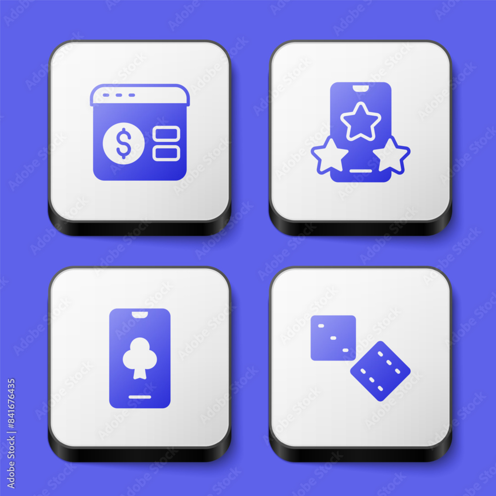 Set Online poker table game, sports betting, and Game dice icon. White square button. Vector Set Online poker table game, sports betting, and Game dice icon. White square button. Vector