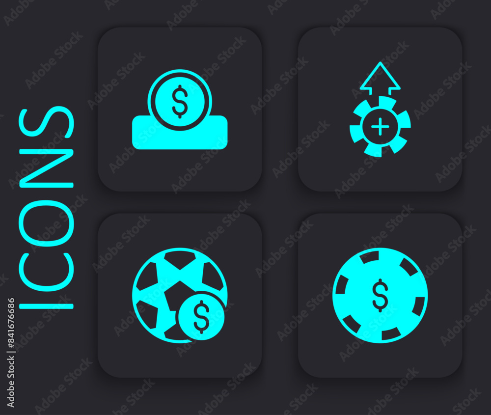 Set Casino chip with dollar, Coin money, chips and Football betting icon. Black square button. Vector Set Casino chip with dollar, Coin money, chips and Football betting icon. Black square button. Vector