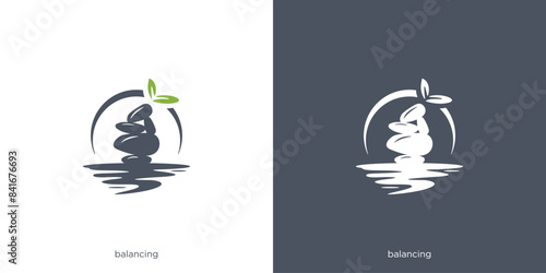 Wellness Balance Zen Stone Nature Logo. Sunrise, Sun, Sunset, River, Spa Tranquility Logo, Icon, Symbol,  Design Template