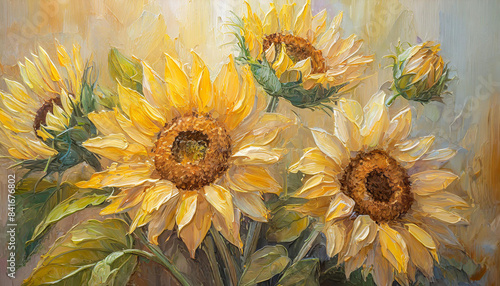 Digital botanical painting close up of a bunch of sunflowers, oil painting floral bouquet