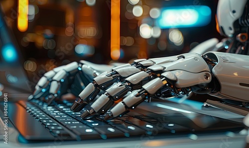Futuristic robot hands typing on a laptop Generative AI image