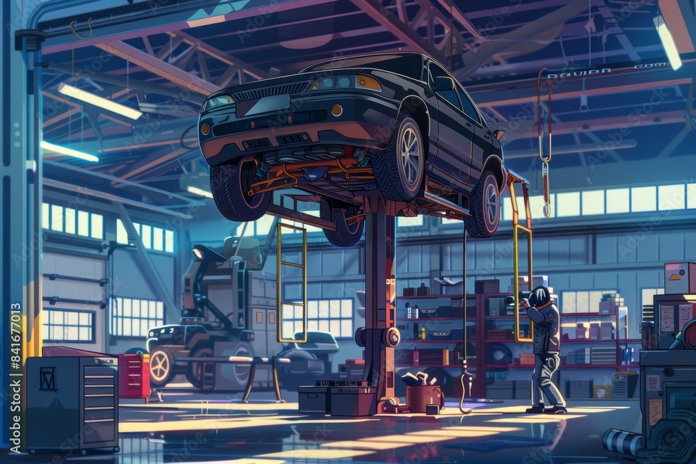 Mechanic Inspecting a Car Elevated on a Hydraulic Lift in a Well-Equipped Garage Mechanic Inspecting a Car Elevated on a Hydraulic Lift in a Well-Equipped Garage