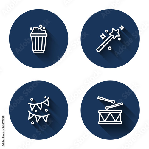 Set line Popcorn in cardboard box, Magic wand, Carnival garland with flags and Drum drum sticks with long shadow. Blue circle button. Vector