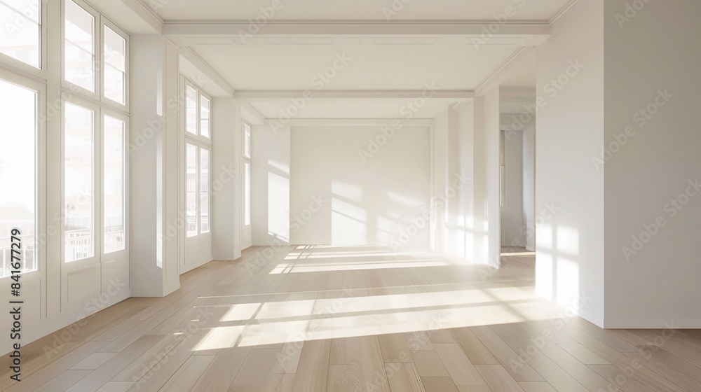 Fototapeta premium Minimalist empty condo space, abundant light, neutral décor, perfect for design projects
