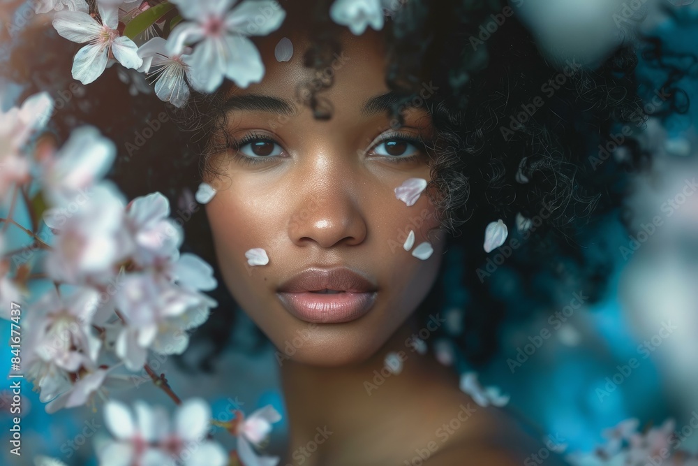 Portrait of a young woman surrounded by delicate cherry blossoms Portrait of a young woman surrounded by delicate cherry blossoms