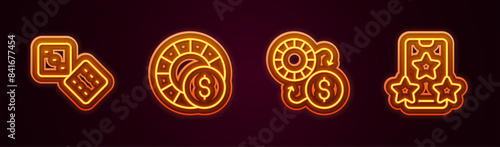 Set line Game dice, Casino chips, exchange and Online sports betting. Glowing neon icon. Vector