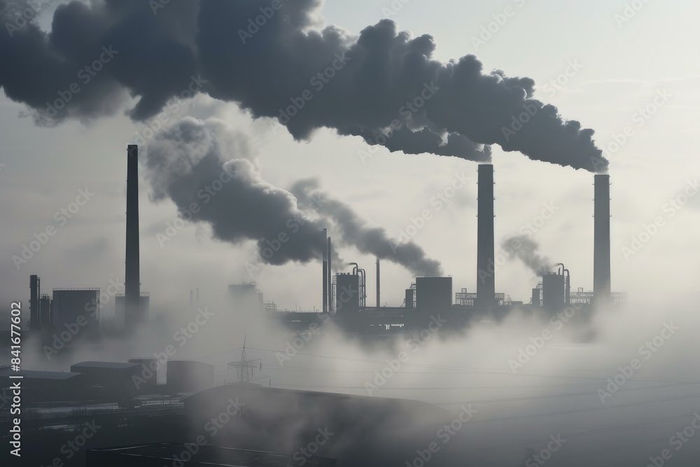 Smog from factory smokestacks spreads over industrial area, symbolizing environmental issues Smog from factory smokestacks spreads over industrial area, symbolizing environmental issues