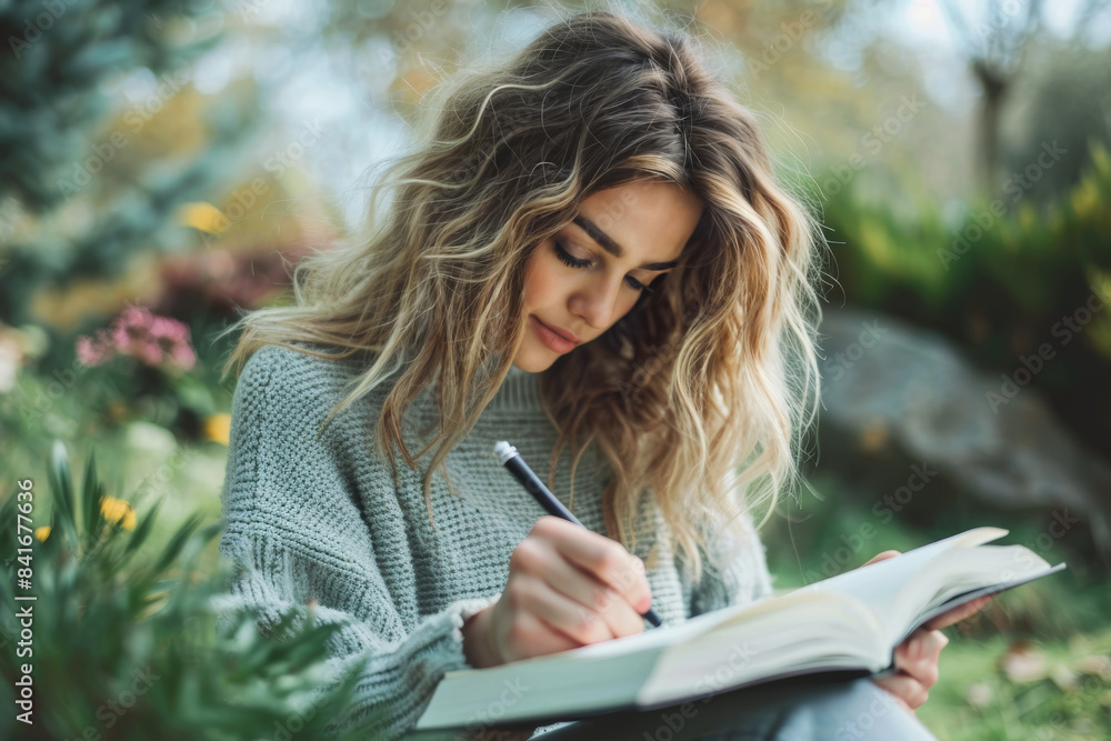 Obraz premium Young Woman Writing in a Notebook Outdoors