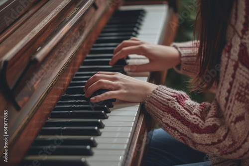 Young Woman Playing Piano in Cozy Room