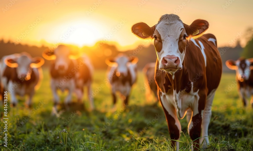 Herd of cows in a field at sunrise Herd of cows in a field at sunrise