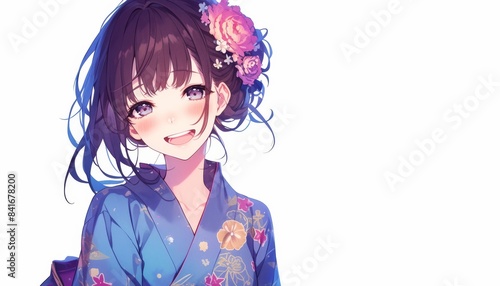 Beautiful Japanese anime girl in a yukata enjoying a festival, stock market data, white background, perfect for combining culture and finance
