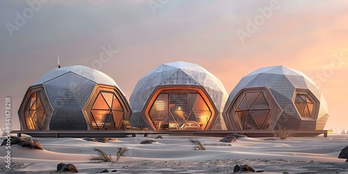 3D renderings of geodesic dome houses on Mars for future colony. Concept 3D Renderings, Geodesic Dome Houses, Mars Colony, Future Architecture © Ян Заболотний