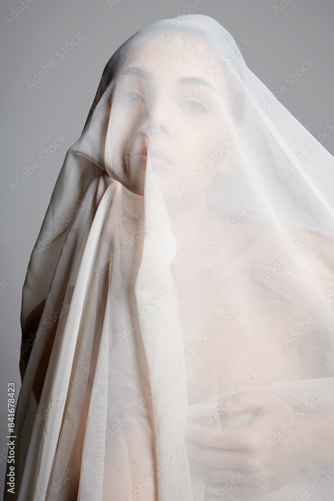 beautiful young Woman under veil. Naked Girl in white transparent cloth beautiful young Woman under veil. Naked Girl in white transparent cloth