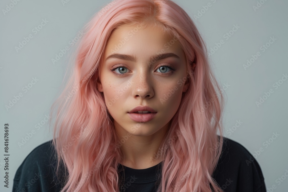 Curly pink hair girl on a white background, portrait, emotions, copy space. Curly pink hair girl on a white background, portrait, emotions, copy space.