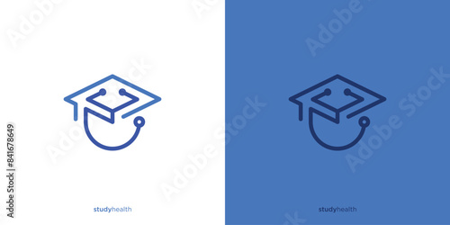 Creative Medical School Logo Design. Person's Face, Graduation Hat and Stethoscope Combination Concept with Lineart, Outline Style. Studyhealth Icon Symbol Logo Design Template.