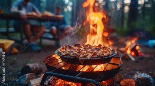 Friends making campfire pies at dusk, colorful pie irons and ingredients, Cheerful, Bright colors, Soft focus, Wide shot