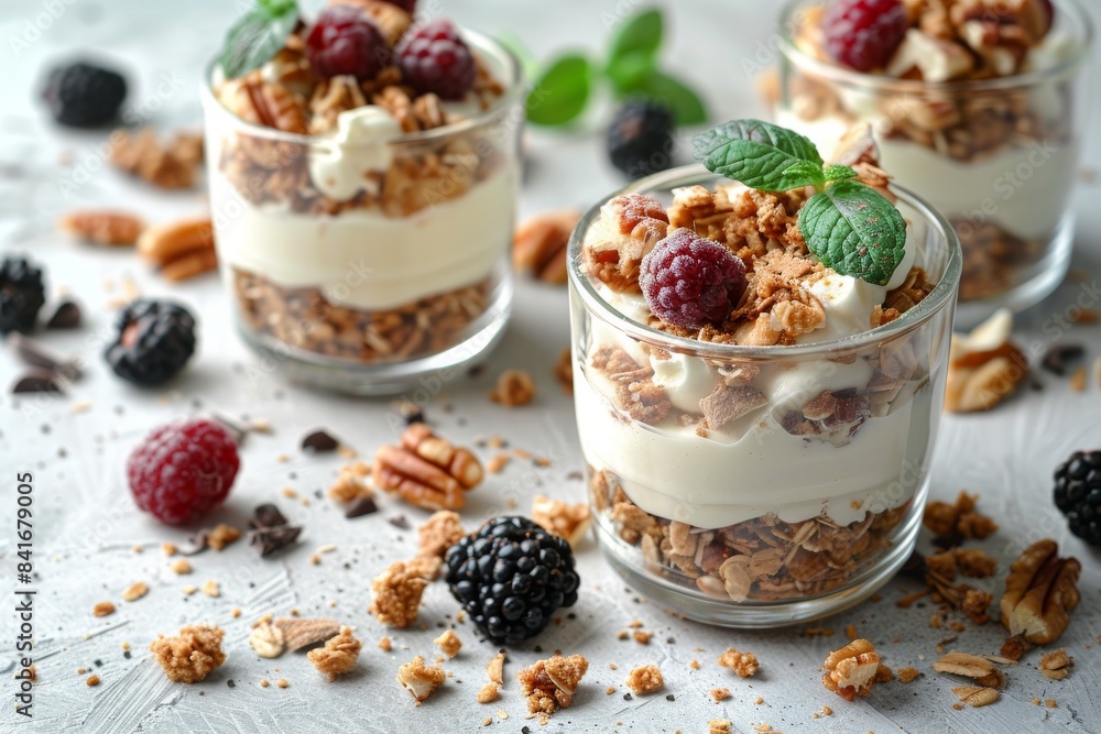 Elegant berry parfaits with layers of yogurt, granola, and fresh berries, presented in clear glasses for a vibrant and healthy snack option Elegant berry parfaits with layers of yogurt, granola, and fresh berries, presented in clear glasses for a vibrant and healthy snack option