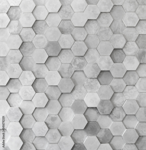 Grey wall background featuring 3D hexagonal tiles arranged in a geometric diamond pattern. Glossy and smooth surface enhances modern, minimalist aesthetic. minimalist background