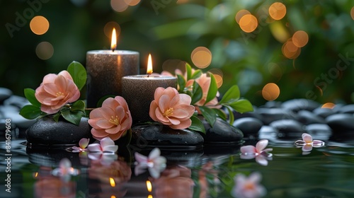 Almond Flowers with Candles and Black Stones
