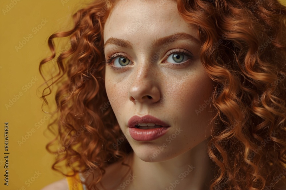 Curly red hair girl, women portrait, emotions, copy space. Curly red hair girl, women portrait, emotions, copy space.
